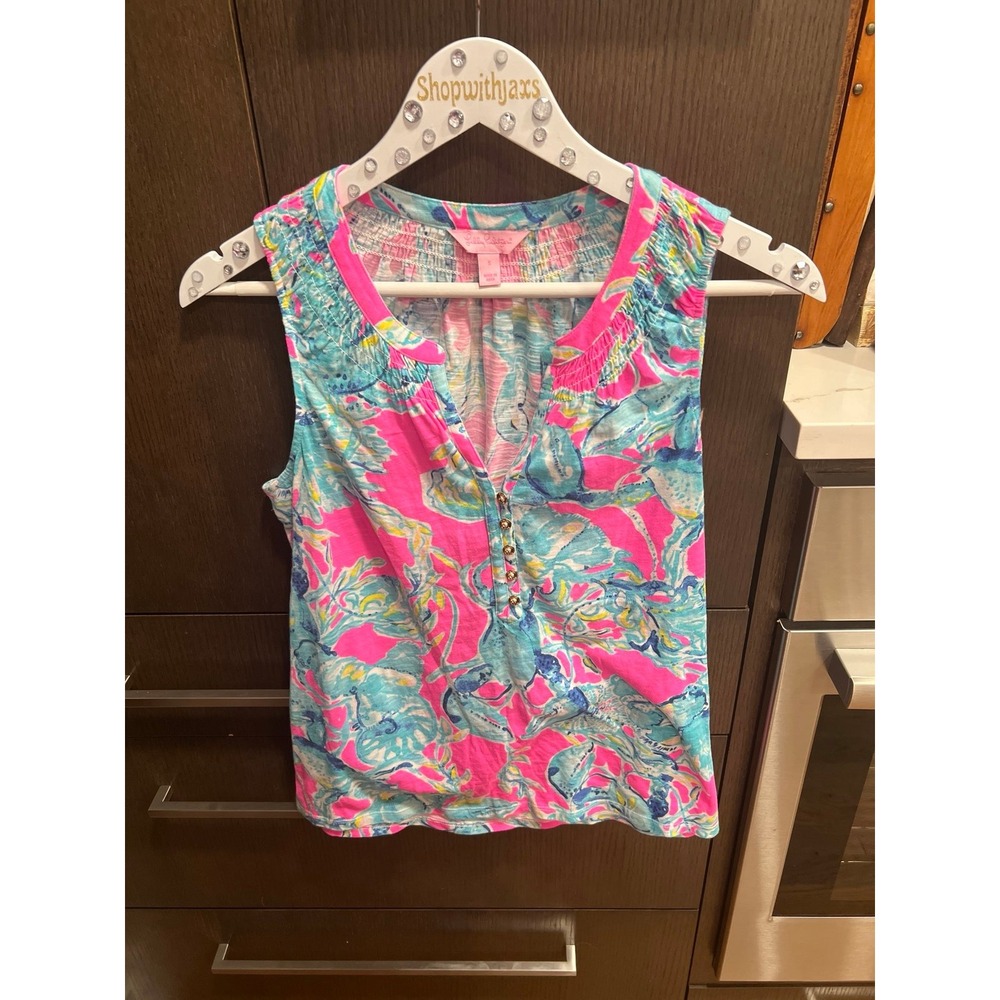 Lilly Pulitzer Essie Tank Top - Gold Buttons - Pink Blue Hibiscus Flower small